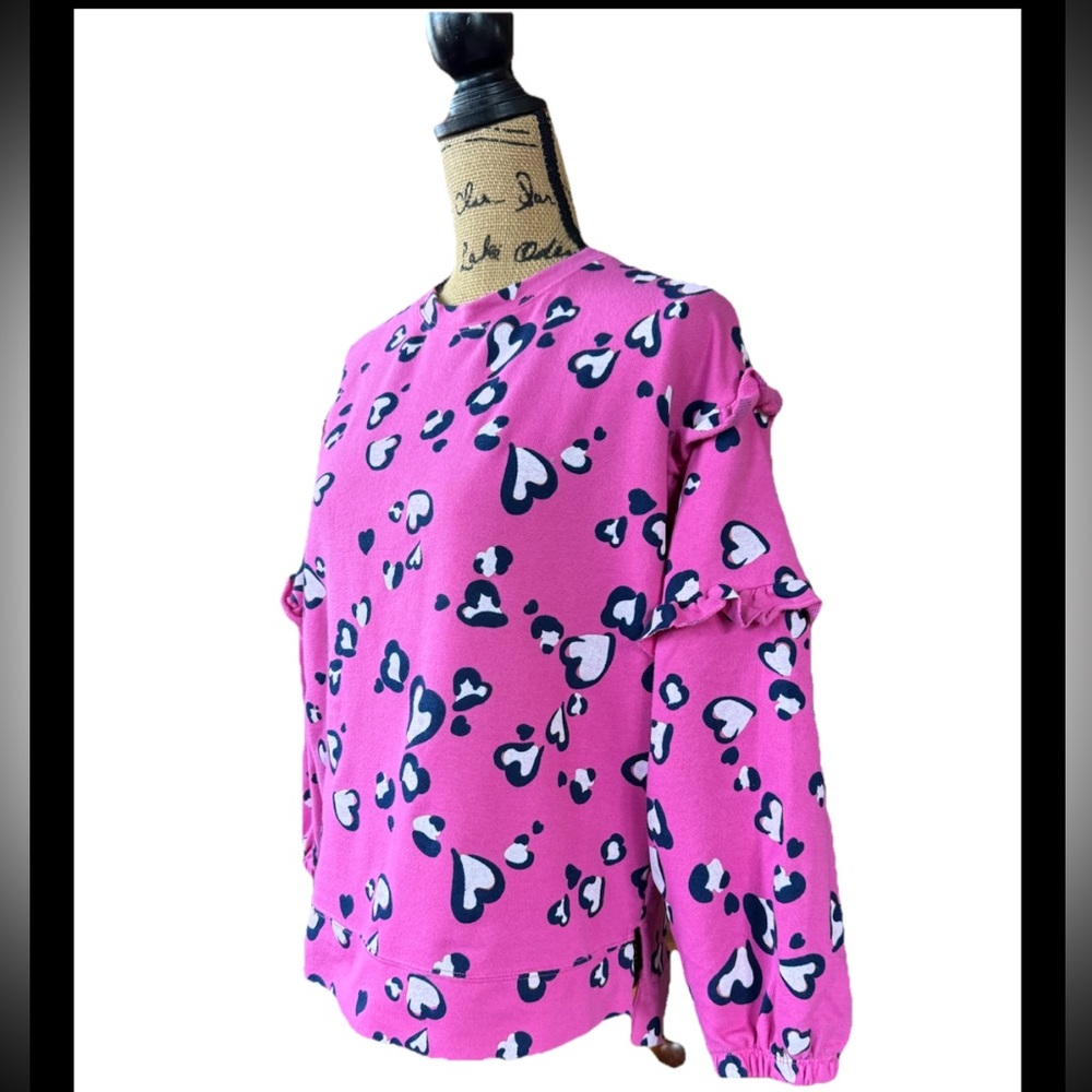 Crown & Ivy Pink Heart Leopard Print Ruffle Sweatshirt Small Cozy - Picture 2 of 8